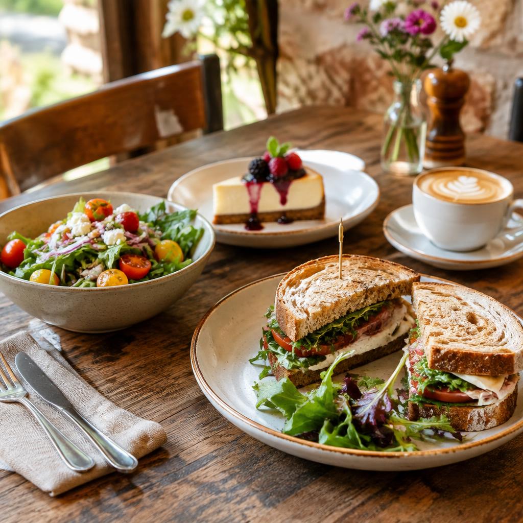 Salada, sanduíche, sobremesa e café sobre mesa de madeira