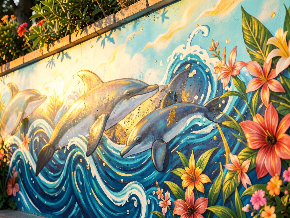 O mural artístico dos golfinhos e cascata, a assinatura visual do Chalé Pingo de Mel.